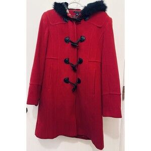 Tommy Hilfiger Red Wool Toggle Coat Faux Fur Hood Women’s Size 6
